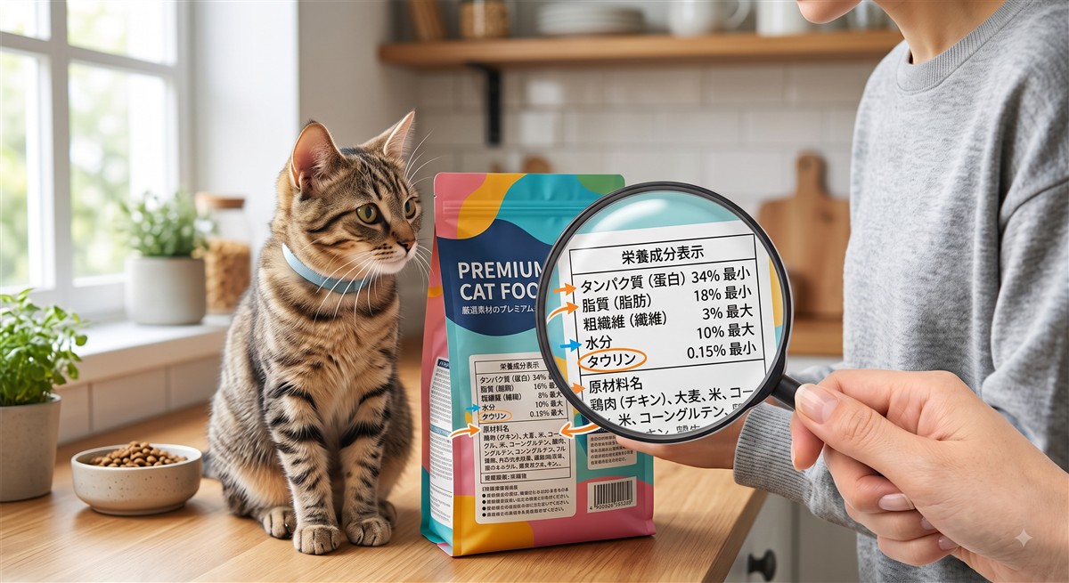 虫眼鏡でキャットフードの成分表示を確認する様子