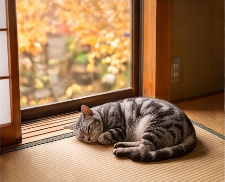 窓辺の陽だまりで眠る猫