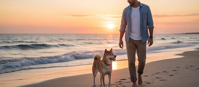 夕暮れの浜辺を散歩する柴犬