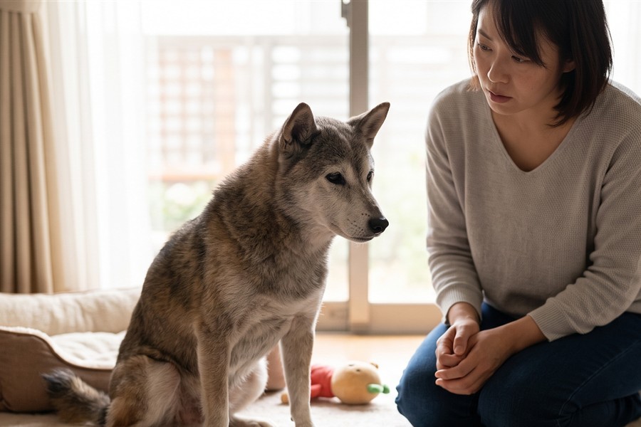 心配そうにシニア犬を見つめる飼い主