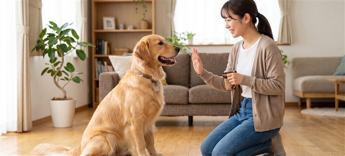 おすわりで飼い主とハイタッチするゴールデン・レトリバー