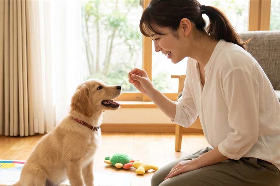 トイレトレーニング中の子犬とおやつを持つ飼い主