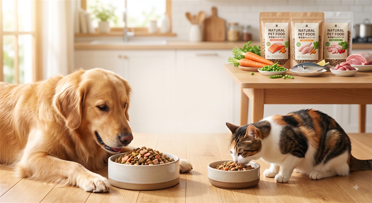無添加ペットフードを食べる犬と猫
