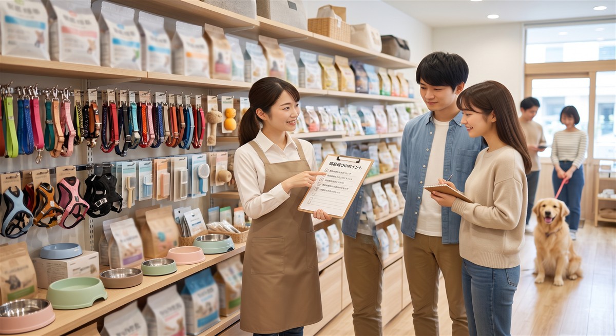 ペットショップのスタッフが商品選びのポイントを説明する様子